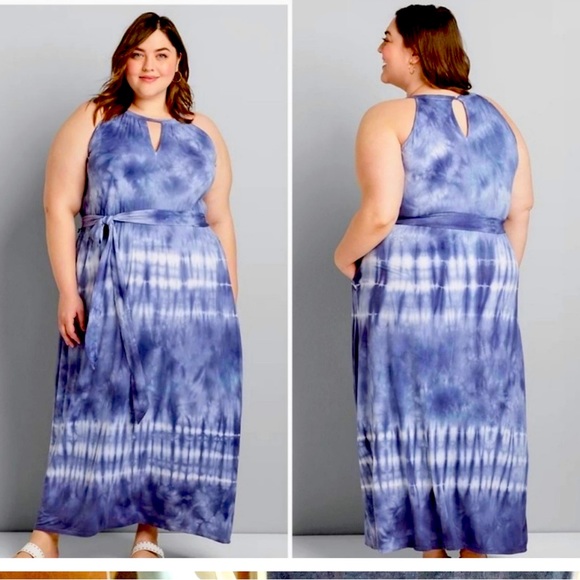 Lane Bryant Dresses & Skirts - Lane Bryant Womens 18/20 Tank Dress Blue White Tie Dye Tank Knit Maxi Belt 21766